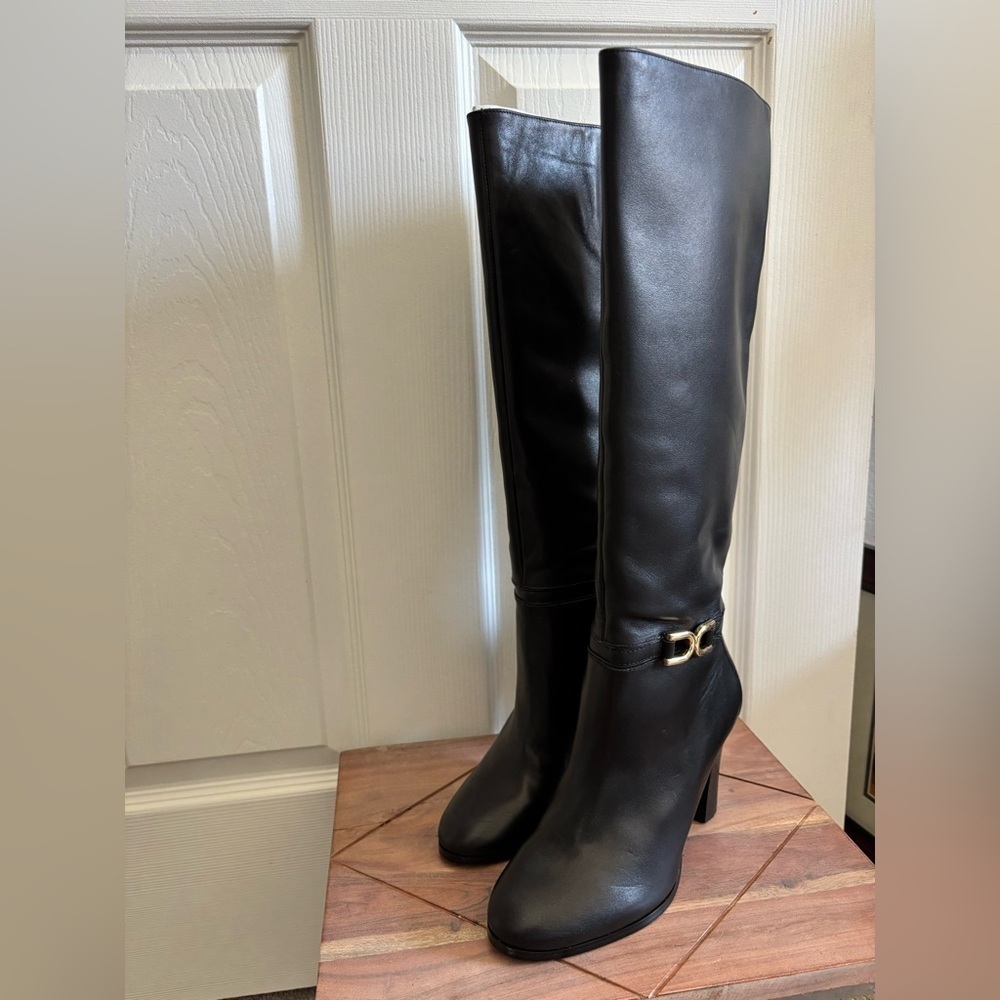 Express Black Genuine Leather Heeled Boots with Gold Accent - Picture 2 of 8